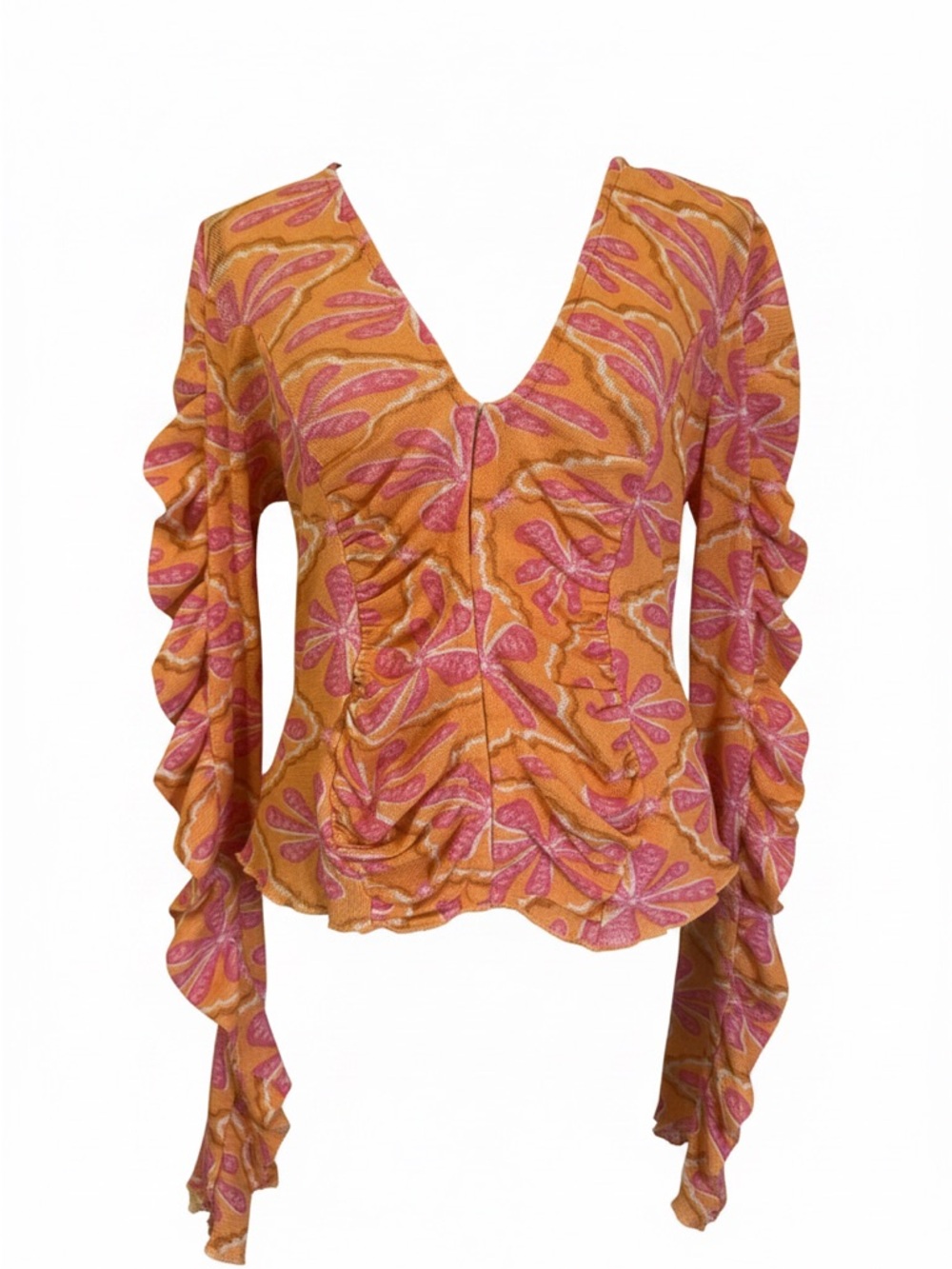 Free People Through The Meadow Top L Boho Floral Ruched Bell Sleeve Crop Blouse